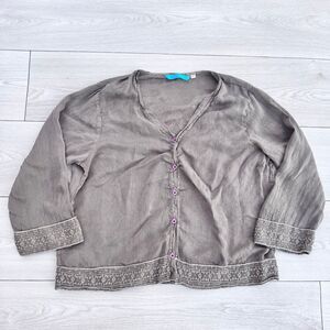 Johnny Was Long Sleeve Flowy Brown Button Down Embroidered Top Women's Large